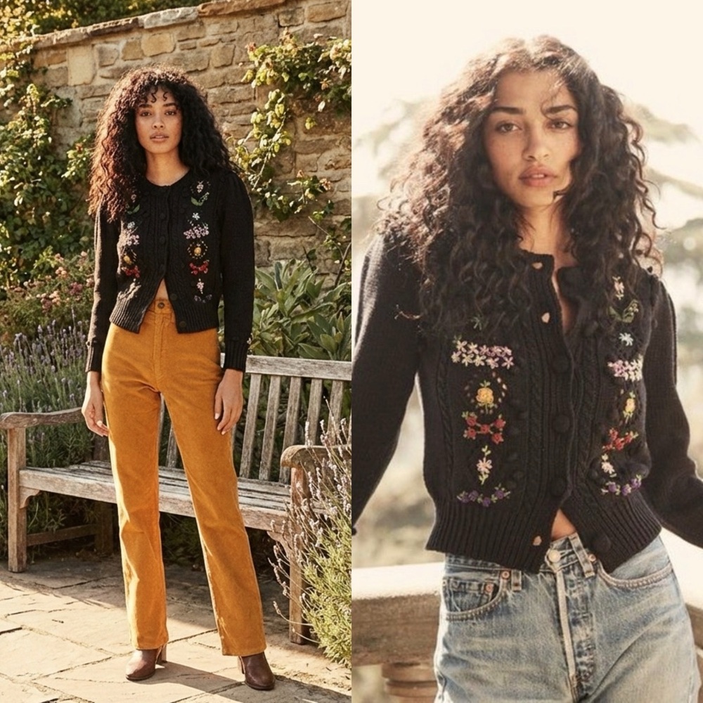 DOEN Forget Me Not Embroidered Cable Knit Cardigan Sweater in Black Sz S